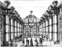 Декорация к опере Ф. Сакрати «Притворная сумасшедшая». Акт 1. 1645. Офорт