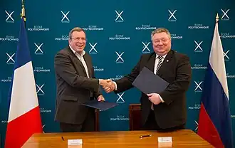 Ректор СПбПУ А. И. Рудской (справа) после подписания договора о сотрудничестве с Эколь Политехник, Франция, февраль 2018.