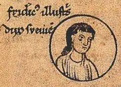 Фридрих IV Швабский. Миниатюра в рукописи 2-й половины XII века.