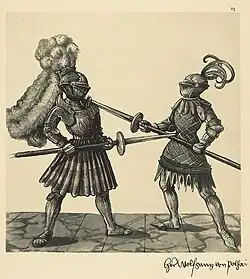 Поединок на альшписах. Гравюра из турнирной книги императора Максимилиана I «Фрейдаль». 1512-1515 гг.