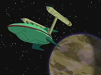 Корабль Planet Express-Энтерпрайз улетает с Омега-3