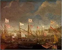 Средиземноморский пейзаж с галерами. Между 1628 и 1673. Холст, масло. Тэбли-хаус, Чешир, Англия