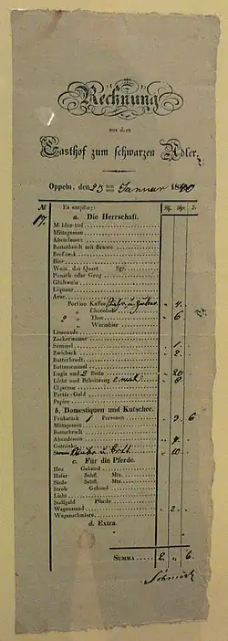 Счёт 1840 года с символом пфеннига — написанная готическим курсивом буква d