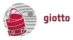 Логотип миссии «Джотто», на котором показан минималистичный профиль аппарата, окрашенный в красный цвет. На фоне показано схематическое изображение солнечной системы серого цвета. Справа от аппарата и фона находится стилизованная надпись «Джотто» на английском языке.