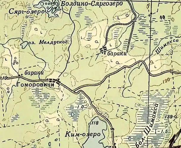 Деревня Гоморовичи на карте РККА 1936 года