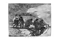 Лист 70: Не зная пути (No saben el camino). Длинная вереница связанных верёвкой пленных  идут по горной местности.