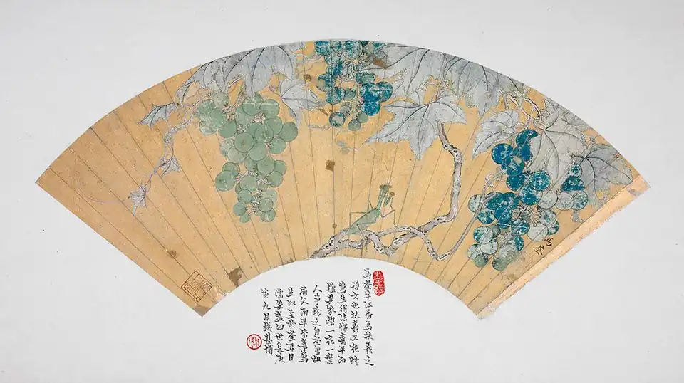 Картина XVIII века художника Ма Цюань, Виноград и богомолы (葡萄螳螂图)