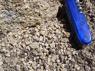 Гранитоид (вверху) рассыпается в дресву. Ширина ножа — около 2 см.