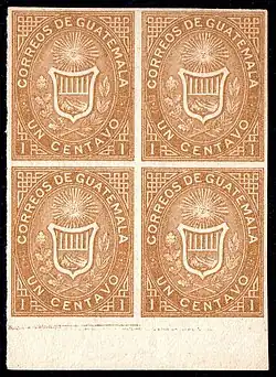 1 сентаво (Sc #1a), квартблок негашёных беззубцовых марок