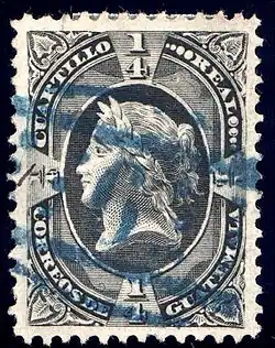 ¼ реала (Sc #7), погашенная овальным номерным почтовым штемпелем «6» (в Кесальтенанго)