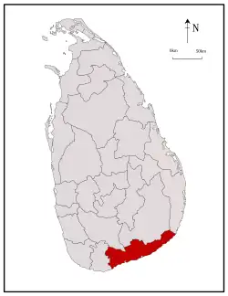 Area map of Hambantota District, lying along the coast from south to south east, in the Southern Province of Sri Lanka