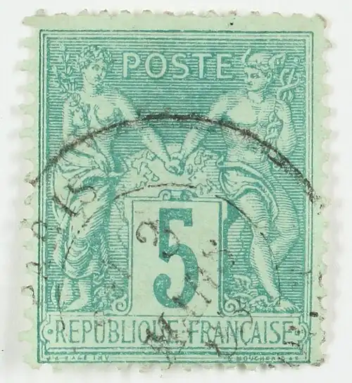 1876: 5 сантимов (Mi #59IIa; Yt #75; SG #228).Тип II: буква «N» в слове «INV» по нижнему краю располагается под буквой «U» в «REPUBLIQUE»