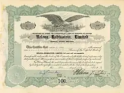Акция компании Helena Rubinstein, основанной 20 июня 1929 года в Стритсвилле, Онтарио, выпущенная 29 июня 1929 года, подписанная собственноручно Хеленой Рубинштейн в качестве вице-президента