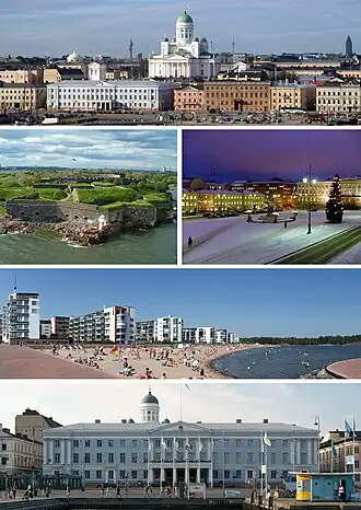 Сверху вниз, слева направо: Собор Святого Николая, Свеаборг, Сенатская площадь, пляж Ауринколахти, Ратуша Хельсинки