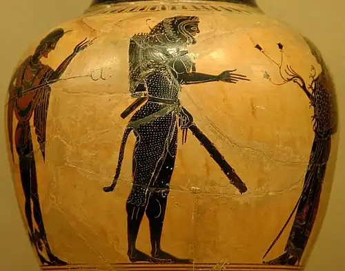 Изображение Гермеса и Афины, приветствующих Геракла на Олимпе на ойнохойе работы Никосфена. Ок. 520 г. до н. э. Лувр. Париж