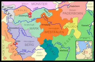 Герцогство Вестафалия и другие западные немецкие государства в 1645 году.