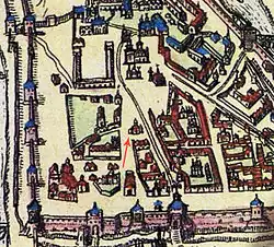 План Москвы Герритса Гесселя (1597 год). Церковь Николы Гостунского отмечена стрелкой.