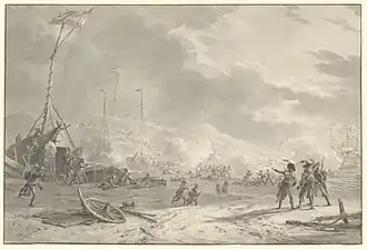 Батавские солдаты обстреливают высадившихся британцев