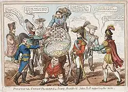 Джордж Хамфри. Политические игроки в шахматы, или Наполеон Бонапарт, сбитый с толку. Джон Булль держит земной шар, 1814 г.