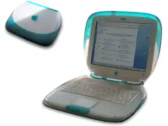 Первое поколение iBook G3 "Clamshell" в закрытом и открытом видах.