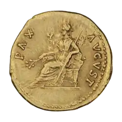 Тит, цезарь (69—79). Чеканка Тита в правление Веспасиана. Ауреус. Ок. 75 г. Рим. Реверс. Надпись PAX AVGVST. Пакс сидит на троне. В руках оливковая ветвь и скипетр. Точечный ободок.