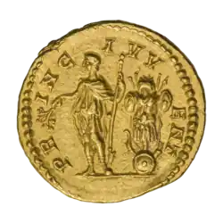 Ауреус, реверс. Гета с копьём и ветвью в руках, титул — PRINC IVVENT (предводитель молодёжи)