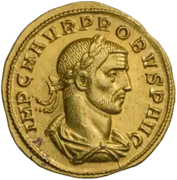 Ауреус. Проб. (аверс). Бюст Проба в панцире и плаще, вправо