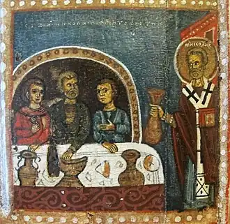 Фрагмент (клеймо) иконы «Никола с Козьмой и Дамианом и житием Николы». Начало XV века, Новгород