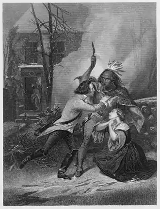 Джейн Уэллс умоляет сохранить ей жизнь, а белый мужчина пытается защитить её от индейца. Дом позади них сжигают лоялисты и индейцы во главе с майором Уолтером Батлером и вождём мохоков Джозефом Брантом, Черри-Валли, Нью-Йорк. Гравюра Томаса Филлибрауна по оригинальной картине Алонзо Чаппела