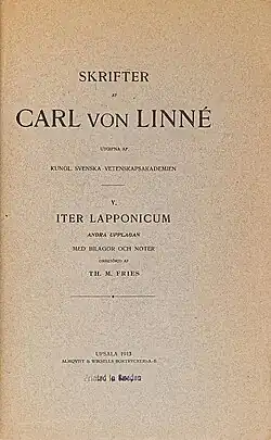 Титульный лист первого издания «Iter Lapponicum» на шведском языке (1913)
