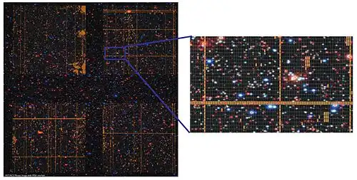 Как спектрометр NIRSpec работает поверх изображения инфракрасной камеры. Использование специального микрозатвора MSA позволяет считывать спектры сначала крупных участков, а потом искать источник интересного спектра внутри