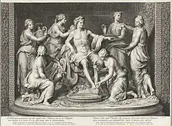 Аполлон и музы. Гравюра Ж. Эделинка по рисунку П. Монье с одноимённой скульптурной группы Ф. Жирардона для грота Тефиды в парке Версаля. Между 1666 и 1680. Рейксмюсеум, Амстердам