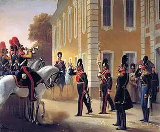 Вынос штандарта лейб-гвардии Конно-гренадерского полка. 1853 год. Картина А. Йебенса. На переднем плане второй справа — генерал-майор К. К. Типольт. (музей-заповедник Петергоф)