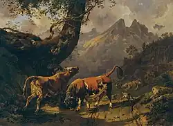 Бык, пастушья собака и стадо коров в окрестностях Каррары