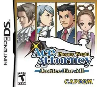 Европейская обложка игры Phoenix Wright: Ace Attorney – Justice for All, изображающая некоторых персонажей: Майлза Эджворта, Франциску фон Карму, Феникса Райта и Перл Фей.