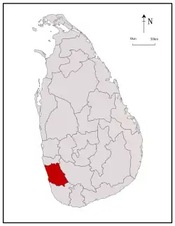 Area map of Kalutara District, extending inwards from the south west by west coast, in the Western Province of Sri Lanka