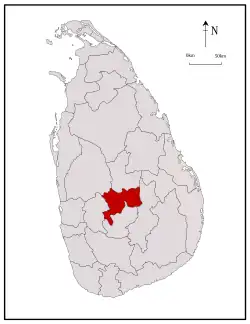 Area map of Kandy District, at the centre of the country with its south western boundary extending to the south, in the Central Province of Sri Lanka