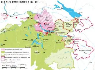 Восточная Швейцария в середине XV века:
 Территории имперского города Цюриха (штриховкой показано графство Кибург)
 Территории Восьми старых из Швейцарской конфедерации
                     Союзники Швейцарской конфедерации
                     Земли Тоггенбургов в 1436 году
                     Границы современной Швейцарии