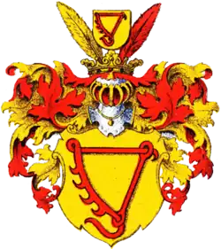 Родовой герб Кетлеров
в золотом поле червлёный очажный крюк. Щит увенчан дворянским коронованным шлемом. Нашлемник: два пера цапли: правое золотое, левое червлёное, на них наложен золотой щиток с червлёным очажным крюком. Намёт: червлёный, подложен золотом.