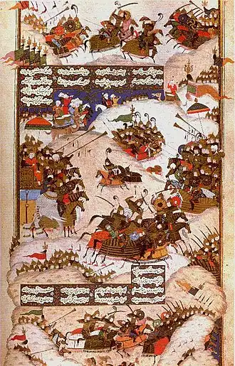 Битва с участием Бахрама Чубина и Хосрова II. Средневековая иранская миниатюра.