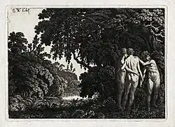 Лесной пейзаж с тремя грациями. 1810-е. Офорт на пергаменте