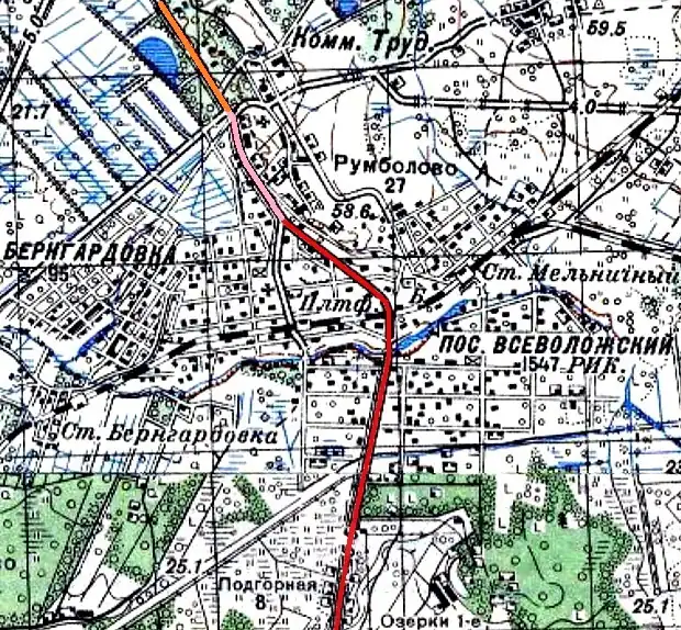Колтушское шоссе. 1936 год (розовый участок добавлен в 1954 году, оранжевый — в начале 1970 годов)