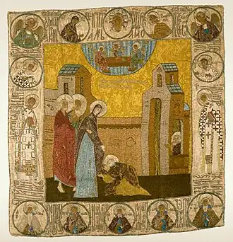 Ткань XV века с вышивкой сюжета явления Богоматери Сергею Радонежскому