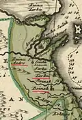 Тарки, Эндирей и Бойнак на карте — Nova Maris Caspi Et Region Usbeck Cum Provinces Adjacentibus vera delineatio. 1735-й год. Отмечено маркером.