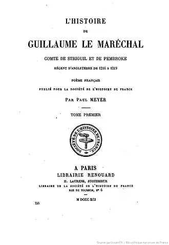 Обложка первого издания «Истории Уильяма Маршала» под редакцией Поля Мейера