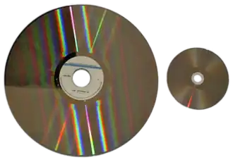 Оптический носитель информации. Информация записывается и считывается лазером. Laserdisc (слева) и DVD (CD,BD) (справа)