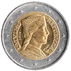 Монета в 2 евро, выпущенная Латвией