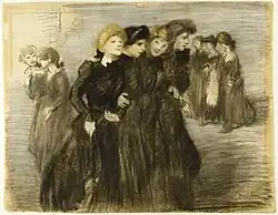 Выход девушек. 1907. Бумага, уголь, пастель