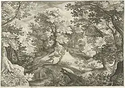 Пейзаж с Аполлоном и Дафной. 1600-е. Офорт