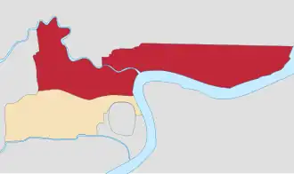 Местоположение Шанхайского международного сетлмента (красный) и французской концессии (жёлтый)